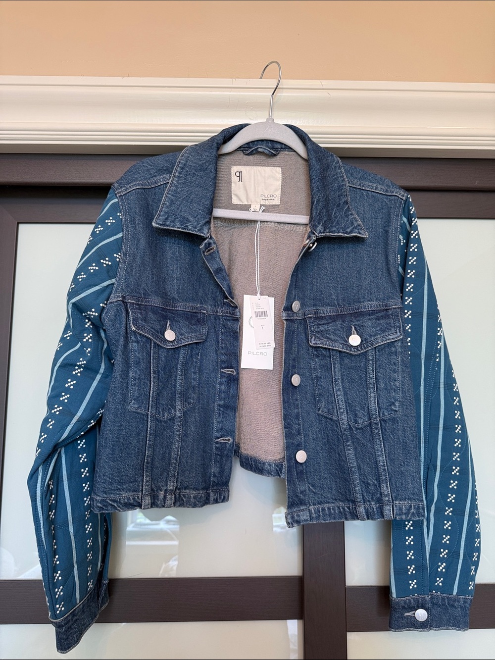 Pilcro Blue Denim Jacket with Teal Patterned Sleeves